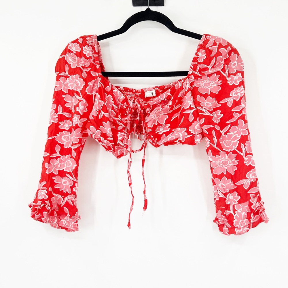Rahi Red Pink Floral Tie Front 3/4 Sleeve Crop Top